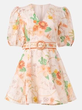 Kate Ford Tacana Plunge Mini Dress Belt Linen Floral Orange Ivory - Size 0